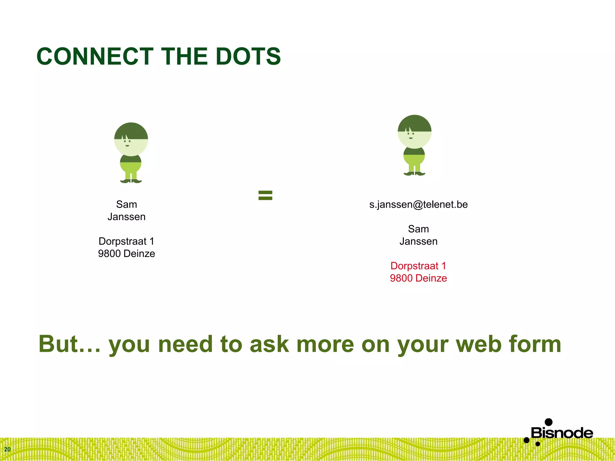 CONNECT THE DOTS
20
Sam
Janssen
Dorpstraat 1
9800 Deinze
s.janssen@telenet.be
Sam
Janssen
Dorpstraat 1
9800 Deinze
But… you need to ask more on your web form
=
 