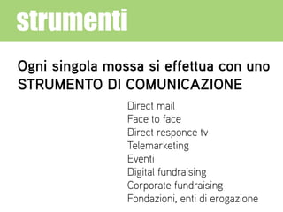 Ogni singola mossa si effettua con uno
STRUMENTO DI COMUNICAZIONE
strumenti
Direct mail
Face to face
Direct responce tv
Telemarketing
Eventi
Digital fundraising
Corporate fundraising
Fondazioni, enti di erogazione
 