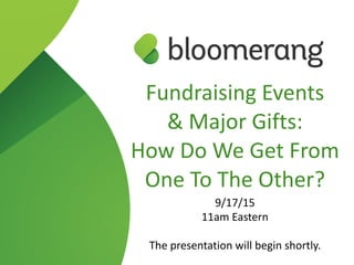 Fundraising  Events   
&  Major  Gifts:   
How  Do  We  Get  From  
One  To  The  Other?  
9/17/15  
11am  Eastern  
The  presentation  will  begin  shortly.
 