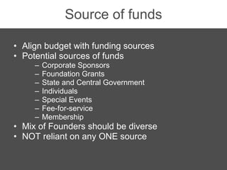 Source of funds <ul><li>Align budget with funding sources </li></ul><ul><li>Potential sources of funds </li></ul><ul><ul><...