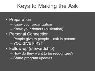 Keys to Making the Ask <ul><li>Preparation </li></ul><ul><ul><li>Know your organization </li></ul></ul><ul><ul><li>Know yo...