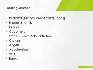Funding Sources
5
• Personal (savings, credit cards, loans)
• Friends & family
• Grants
• Customers
• Small Business Administration
• Crowds
• Angels
• Accelerators
• VCs
• Banks
 