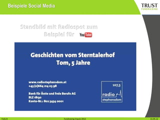 Beispiele Social Media




Folie18
Folie                                Fundraising Impuls 2012
                                   Fundraising Impuls 2012     Wien, 31.31.05.12
                                                                        Mai 2012
 