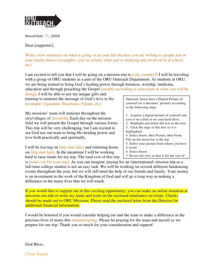 oru outreach fundraising letter 09 mission trip fundraising letter