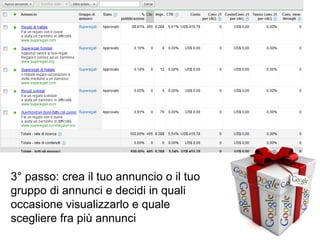 3° passo: crea il tuo annuncio o il tuo
gruppo di annunci e decidi in quali
occasione visualizzarlo e quale
scegliere fra più annunci
 