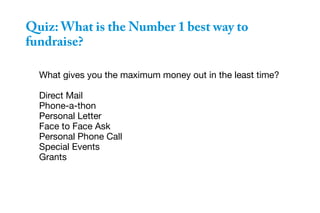 Quiz: What is the Number 1 best way to
fundraise?
What gives you the maximum money out in the least time?
Direct Mail
Phone-a-thon
Personal Letter
Face to Face Ask
Personal Phone Call
Special Events
Grants
 