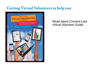 Getting Virtual Volunteers to help you
Read Jayne Cravens Last
Virtual Volunteer Guide
 