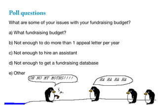 What are some of your issues with your fundraising budget?
a) What fundraising budget?
b) Not enough to do more than 1 appeal letter per year
c) Not enough to hire an assistant
d) Not enough to get a fundraising database
e) Other
Poll questions
 