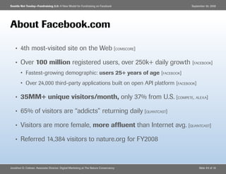 Seattle Net Tueday—Fundraising 2.0: A New Model for Fundraising on Facebook           September 30, 2008




About Faceboo...