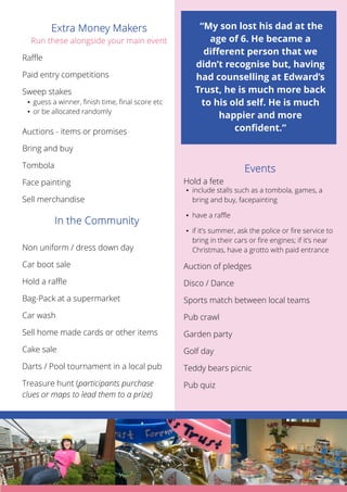 7 
Hold a fete 
▪ include stalls such as a tombola, games, a 
bring and buy, facepainting 
▪ have a raffle 
▪ if it’s summer, ask the police or fire service to 
bring in their cars or fire engines; if it’s near 
Christmas, have a grotto with paid entrance 
Auction of pledges 
Disco / Dance 
Sports match between local teams 
Pub crawl 
Garden party 
Golf day 
Teddy bears picnic 
Pub quiz 
Raffle 
Paid entry competitions 
Sweep stakes 
▪ guess a winner, finish time, final score etc 
▪ or be allocated randomly 
Auctions - items or promises 
Bring and buy 
Tombola 
Face painting 
Sell merchandise 
“My son lost his dad at the 
age of 6. He became a 
different person that we 
didn’t recognise but, having 
had counselling at Edward’s 
Trust, he is much more back 
to his old self. He is much 
happier and more 
confident.” 
Non uniform / dress down day 
Car boot sale 
Hold a raffle 
Bag-Pack at a supermarket 
Car wash 
Sell home made cards or other items 
Cake sale 
Darts / Pool tournament in a local pub 
Treasure hunt (participants purchase 
clues or maps to lead them to a prize) 
 