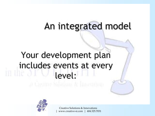 An integrated model


 Your development plan
includes events at every
         level:


           Creative Solutions & In...