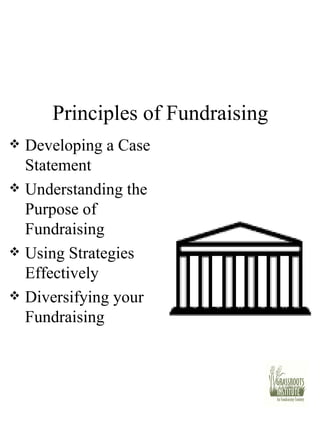 Principles of Fundraising Developing a Case Statement Understanding the Purpose of Fundraising Using Strategies Effectively Diversifying your  Fundraising 