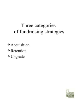 Three categories  of fundraising strategies Acquisition Retention Upgrade 