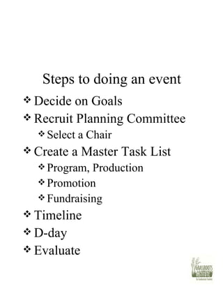 Steps to doing an event Decide on Goals Recruit Planning Committee Select a Chair Create a Master Task List Program, Production Promotion Fundraising Timeline D-day Evaluate 