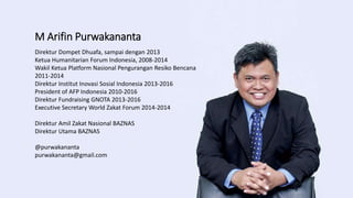 M Arifin Purwakananta
Direktur Dompet Dhuafa, sampai dengan 2013
Ketua Humanitarian Forum Indonesia, 2008-2014
Wakil Ketua Platform Nasional Pengurangan Resiko Bencana
2011-2014
Direktur Institut Inovasi Sosial Indonesia 2013-2016
President of AFP Indonesia 2010-2016
Direktur Fundraising GNOTA 2013-2016
Executive Secretary World Zakat Forum 2014-2014
Direktur Amil Zakat Nasional BAZNAS
Direktur Utama BAZNAS
@purwakananta
purwakananta@gmail.com
 