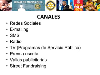 CANALES Redes Sociales E-mailing SMS Radio  TV (Programas de Servicio Público) Prensa escrita Vallas publicitarias Street Fundraising 