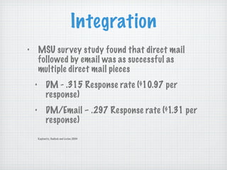 Integration MSU survey study found that direct mail followed by email was as successful as multiple direct mail pieces DM - .315 Response rate ($10.97 per response) DM/Email – .297 Response rate ($1.31 per response) Kaplowitz, Hadlock and Levine 2004 