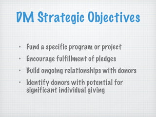 DM Strategic Objectives Fund a specific program or project Encourage fulfillment of pledges Build ongoing relationships with donors Identify donors with potential for significant individual giving 