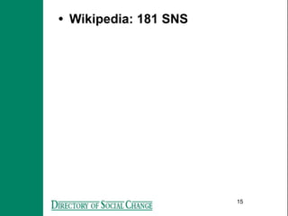 • Wikipedia: 181 SNS




                       15
 
