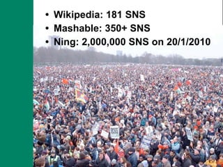 • Wikipedia: 181 SNS
• Mashable: 350+ SNS
• Ning: 2,000,000 SNS on 20/1/2010




                            15
 