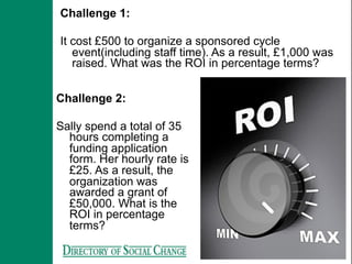 Challenge 1:

It cost £500 to organize a sponsored cycle
   event(including staff time). As a result, £1,000 was
   raised. What was the ROI in percentage terms?


Challenge 2:

Sally spend a total of 35
  hours completing a
  funding application
  form. Her hourly rate is
  £25. As a result, the
  organization was
  awarded a grant of
  £50,000. What is the
  ROI in percentage
  terms?
 