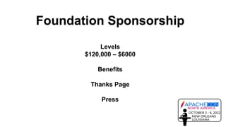 Foundation Sponsorship
Levels
$120,000 – $6000
Benefits
Thanks Page
Press
 