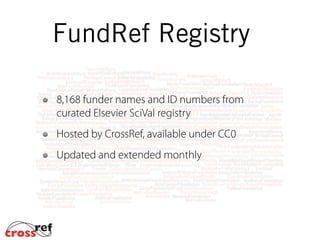 FundRef Registry
8,168 funder names and ID numbers from
curated Elsevier SciVal registry
Hosted by CrossRef, available under CC0
Updated and extended monthly
 