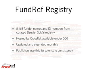 FundRef Registry
8,168 funder names and ID numbers from
curated Elsevier SciVal registry
Hosted by CrossRef, available under CC0
Updated and extended monthly
Publishers use this list to ensure consistency
 