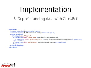 Implementation
3. Deposit funding data with CrossRef
 