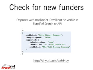 Check for new funders
Deposits with no funder ID will not be visible in
FundRef Search or API
http://tinyurl.com/pz364py
 
