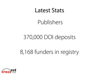Latest Stats
Publishers
!
370,000 DOI deposits
!
8,168 funders in registry
!
 