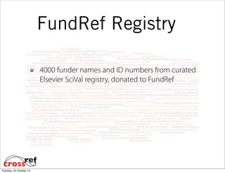 FundRef Registry
4000 funder names and ID numbers from curated
Elsevier SciVal registry, donated to FundRef

Tuesday, 22 October 13

 