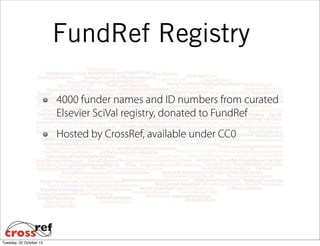 FundRef Registry
4000 funder names and ID numbers from curated
Elsevier SciVal registry, donated to FundRef
Hosted by CrossRef, available under CC0

Tuesday, 22 October 13

 