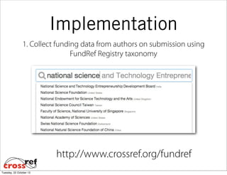 Implementation
1. Collect funding data from authors on submission using
FundRef Registry taxonomy

http://www.crossref.org/fundref
Tuesday, 22 October 13

 