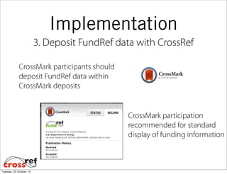 Implementation
3. Deposit FundRef data with CrossRef
CrossMark participants should
deposit FundRef data within
CrossMark deposits

CrossMark participation
recommended for standard
display of funding information

Tuesday, 22 October 13

 