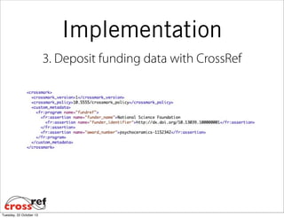 Implementation
3. Deposit funding data with CrossRef

Tuesday, 22 October 13

 