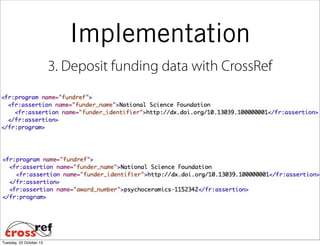 Implementation
3. Deposit funding data with CrossRef

Tuesday, 22 October 13

 
