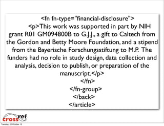 <fn fn-type="ﬁnancial-disclosure">
<p>This work was supported in part by NIH
grant R01 GM094800B to G.J.J., a gift to Caltech from
the Gordon and Betty Moore Foundation, and a stipend
from the Bayerische Forschungsstiftung to M.P. The
funders had no role in study design, data collection and
analysis, decision to publish, or preparation of the
manuscript.</p>
</fn>
</fn-group>
</back>
</article>
Tuesday, 22 October 13

 