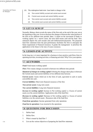 134
Accounting and Finance
for Managers
(6) The redemption bank term loan leads to change in the
(a) Non current liability account and current asset account
(b) Current asset account and current liability account
(c) Non current asset account and current liability account
(d) Non current asset account and current liability account
7.5 LET US SUM UP
Normally, Balance sheet reveals the status of the firm only at the end of the year, not at
the beginning of the year. It never discloses the changes in between the value position of
the firm at two different time periods/ dates. A report on the movement of funds or
working capital. In a narrow sense, the term fund means cash and the fund flow
statement depicts the cash receipts and cash disbursements/payments. The projected
fund flow statement from the past performance facilitates the firm to anticipate the
future requirement of financial resources. It guides the management to prioritize the
application in the future to the tune of scarce resources.
7.6 LESSON-END ACTIVITY
In the long run, is it more important for a business to have positive cash flows from its
operating activities, investing activities, or financing activities? Why? Give your opinion.
7.7 KEYWORDS
Fund: Fund means working capital
Flow: Flow means changes occurred in between two different time periods
Statement of changes in working capital: Enlisting the changes taken place in between
the Current assets and current liabilities of two different time horizons
Current assets: Assets which are in the form of cash, equivalent to cash or easily
convertible into cash .
Current liabilities: Short term financial resources of the firm
Non-current assets: Long term assets
Non current liabilities: Long term financial resources
Increase in working capital: Increase in Net working capital i.e. Excess of current
assets over the current liabilities- Applications side of the fund flow
Decrease in working capital: Decrease in Net working capital i.e. Excess of current
liabilities over the current assets - Resources side of the fund flow
Fund from operations: Income generated from only operations
Fund lost in operations: Loss incurred in the operations
7.8 QUESTIONS FOR DISCUSSION
1. Define fund.
2. Define flow.
3. What is meant by fund flow ?
4. List out the various objectives of preparing the fund flow statement.
www.jntuworld.com
 