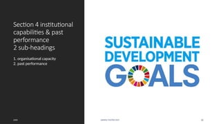 Section 4 institutional
capabilities & past
performance
2 sub-headings
1. organisational capacity
2. past performance
20XX SAMPLE FOOTER TEXT 32
 