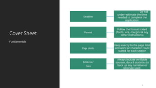 Cover Sheet
Fundamentals
5
Deadline
Format
Follow the format stated
(fonts, size, margins & any
other instructions)
Page Limits
Keep exactly to the page limit
and word or character count
stated for each section
Evidence/
Data
Always include verifiable
sources, data & statistics to
back up any narrative or
rationale used.
Do not
under-estimate the time
needed to complete the
application
 