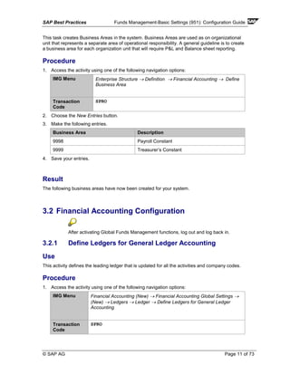 SAP Best Practices Funds Management-Basic Settings (951): Configuration Guide
© SAP AG Page 11 of 73
This task creates Business Areas in the system. Business Areas are used as on organizational
unit that represents a separate area of operational responsibility. A general guideline is to create
a business area for each organization unit that will require P&L and Balance sheet reporting.
Procedure
1. Access the activity using one of the following navigation options:
IMG Menu Enterprise Structure → Definition → Financial Accounting → Define
Business Area
Transaction
Code
SPRO
2. Choose the New Entries button.
3. Make the following entries.
Business Area Description
9998 Payroll Constant
9999 Treasurer’s Constant
4. Save your entries.
Result
The following business areas have now been created for your system.
3.2 Financial Accounting Configuration
After activating Global Funds Management functions, log out and log back in.
3.2.1 Define Ledgers for General Ledger Accounting
Use
This activity defines the leading ledger that is updated for all the activities and company codes.
Procedure
1. Access the activity using one of the following navigation options:
IMG Menu Financial Accounting (New) → Financial Accounting Global Settings →
(New) → Ledgers → Ledger → Define Ledgers for General Ledger
Accounting
Transaction
Code
SPRO
 