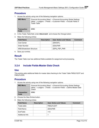SAP Best Practices Funds Management-Basic Settings (951): Configuration Guide
© SAP AG Page 13 of 73
Procedure
1. Access the activity using one of the following navigation options:
IMG Menu Financial Accounting (New) → Financial Accounting Global Settings
(New) → Ledgers → Fields → Customer Fields → Include Fields in
Totals Table
Transaction
Code
SPRO
2. In the Totals Table field, enter FMGLFLEXT and choose the Change button
3. Make the following entries:
Field Name Description User Action and Values Comment
Cost Center ZZKOSTL
Order Number ZZAUFNR
WBS Breakdown Structure ZZPS_PSP_PNR
4. Save your entries.
Result
The Totals Table now has additional fields available for assignment and processing.
3.2.4 Include Fields-Master Data Check
Use
This activity adds additional fields for master data checking to the Totals Table FMGLFLEXT and
FMGLFLEXR.
Procedure
1. Access the activity using one of the following navigation options:
IMG Menu Financial Accounting (New) → Financial Accounting Global Settings
(New) → Ledgers → Fields → Customer Fields → Define Master Data
Check
Transaction
Code
SPRO
2. Choose the New Entries button.
3. Make the following entries:
Field Name Description User Action and Values Comment
Totals table FMGLFLEXT
Field Name ZZAUFNR
Exit/Table =13
Additional Info 1
 