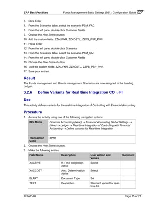 SAP Best Practices Funds Management-Basic Settings (951): Configuration Guide
© SAP AG Page 15 of 73
6. Click Enter
7. From the Scenarios table, select the scenario PSM_FAC
8. From the left pane, double-click Customer Fields
9. Choose the New Entries button
10. Add the custom fields: ZZAUFNR, ZZKOSTL, ZZPS_PSP_PNR
11. Press Enter
12. From the left pane, double-click Scenarios
13. From the Scenarios table, select the scenario PSM_GM
14. From the left pane, double-click Customer Fields
15. Choose the New Entries button
16. Add the custom fields: ZZAUFNR, ZZKOSTL, ZZPS_PSP_PNR
17. Save your entries.
Result
The Funds management and Grants management Scenarios are now assigned to the Leading
Ledger.
3.2.6 Define Variants for Real time Integration CO →→→→ FI
Use
This activity defines variants for the real-time integration of Controlling with Financial Accounting.
Procedure
1. Access the activity using one of the following navigation options:
IMG Menu Financial Accounting (New) → Financial Accounting Global Settings →
(New) → Ledger → Real-time Integration of Controlling with Financial
Accounting → Define variants for Real-time Integration
Transaction
Code
SPRO
2. Choose the New Entries button.
3. Make the following entries:
Field Name Description User Action and
Values
Comment
XACTIVE R-Time Integration
Active
Select
XACCDET Acct. Determination
Active
Select
BLART Document Type SA
TEXT Description Standard variant for real-
time Int.
 