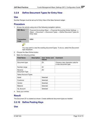 SAP Best Practices Funds Management-Basic Settings (951): Configuration Guide
© SAP AG Page 18 of 73
3.2.9 Define Document Types for Entry View
Use
Number Ranges must be set up for Entry View of the New General Ledger.
Procedure
1. Access the activity using one of the following navigation options:
IMG Menu Financial Accounting (New) → Financial Accounting Global Settings →
(New) → Document → Document Types → Define Document Types for
Entry View
Transaction
Code
SPRO
You may wish to view the existing document types. To do so, select the Document
type dropdown.
2. Choose the New Entries button.
3. Make the following entries:
Field Name Description User Action and
Values
Comment
Document type ZV Choose a two character code for
a new document type
Number range 20
Reverse
Document Type
ZV
Select Account Types
Asset Selected
Customer Selected
Vendor Selected
Material Selected
GL Account Selected
4. Save your entries.
Result
The Document ZV is created as shown. Create additional document types as needed.
3.2.10 Define Posting Keys
Use
 