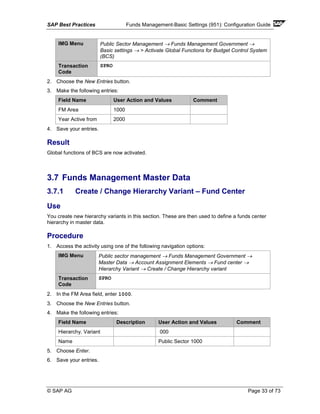 SAP Best Practices Funds Management-Basic Settings (951): Configuration Guide
© SAP AG Page 33 of 73
IMG Menu Public Sector Management → Funds Management Government →
Basic settings → > Activate Global Functions for Budget Control System
(BCS)
Transaction
Code
SPRO
2. Choose the New Entries button.
3. Make the following entries:
Field Name User Action and Values Comment
FM Area 1000
Year Active from 2000
4. Save your entries.
Result
Global functions of BCS are now activated.
3.7 Funds Management Master Data
3.7.1 Create / Change Hierarchy Variant – Fund Center
Use
You create new hierarchy variants in this section. These are then used to define a funds center
hierarchy in master data.
Procedure
1. Access the activity using one of the following navigation options:
IMG Menu Public sector management → Funds Management Government →
Master Data → Account Assignment Elements → Fund center →
Hierarchy Variant → Create / Change Hierarchy variant
Transaction
Code
SPRO
2. In the FM Area field, enter 1000.
3. Choose the New Entries button.
4. Make the following entries:
Field Name Description User Action and Values Comment
Hierarchy. Variant 000
Name Public Sector 1000
5. Choose Enter.
6. Save your entries.
 