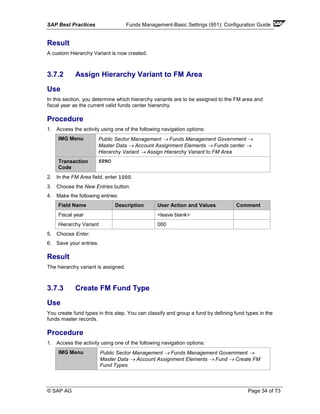 SAP Best Practices Funds Management-Basic Settings (951): Configuration Guide
© SAP AG Page 34 of 73
Result
A custom Hierarchy Variant is now created.
3.7.2 Assign Hierarchy Variant to FM Area
Use
In this section, you determine which hierarchy variants are to be assigned to the FM area and
fiscal year as the current valid funds center hierarchy.
Procedure
1. Access the activity using one of the following navigation options:
IMG Menu Public Sector Management → Funds Management Government →
Master Data → Account Assignment Elements → Funds center →
Hierarchy Variant → Assign Hierarchy Variant to FM Area
Transaction
Code
SPRO
2. In the FM Area field, enter 1000.
3. Choose the New Entries button.
4. Make the following entries:
Field Name Description User Action and Values Comment
Fiscal year <leave blank>
Hierarchy Variant 000
5. Choose Enter.
6. Save your entries.
Result
The hierarchy variant is assigned.
3.7.3 Create FM Fund Type
Use
You create fund types in this step. You can classify and group a fund by defining fund types in the
funds master records.
Procedure
1. Access the activity using one of the following navigation options:
IMG Menu Public Sector Management → Funds Management Government →
Master Data → Account Assignment Elements → Fund → Create FM
Fund Types
 