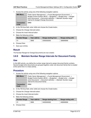 SAP Best Practices Funds Management-Basic Settings (951): Configuration Guide
© SAP AG Page 42 of 73
1. Access the activity using one of the following navigation options:
IMG Menu Public Sector Management → Funds Management Government →
Budget Control System (BCS) → Budgeting → Budget entry → Budget
entry Documents → Document definition → Maintain Number range
Interval for Budget Change Documents
Transaction
Code
SPRO
2. In the FM Area field, enter 1000 and choose the Create button.
3. Choose the Change Intervals button.
4. Choose the Insert Interval button
5. Make the following entries:
Number Range Year valid to Range starting from Range ending with
01 9999 0300000000 399999999
6. Choose Enter.
7. Save your entries.
Result
The Number Ranges for Change Documents are now created.
3.8.9 Maintain Number Range Intervals for Document Family
Use
In this IMG activity, you define the number range interval to assign document family numbers.
Several budget entry documents are grouped together under one document family that is created
at the same time in a mass activity. .
Procedure
1. Access the activity using one of the following navigation options:
IMG Menu Public Sector Management → Funds Management Government →
Budget Control System (BCS) → Budgeting → Budget entry → Budget
entry Documents → Document definition → Maintain Number range
Interval for Document family
Transaction
Code
SPRO
2. In the FM Area field, enter 1000 and choose the Create button.
3. Choose the Change Intervals button.
4. Choose the Insert Intervals button
5. Make the following entries:
Number Range Year valid to Range starting from Range ending with
01 9999 0400000000 499999999
6. Choose Enter.
 