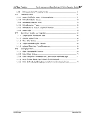 SAP Best Practices Funds Management-Basic Settings (951): Configuration Guide
© SAP AG Page 6 of 73
3.9.8 Define Activation of Availability Control ................................................................... 61
3.10 Earmarked Funds......................................................................................................... 61
3.10.1 Assign Field Status variant to Company Code ........................................................ 61
3.10.2 Define Field Status Groups...................................................................................... 62
3.10.3 Define Field Selection String ................................................................................... 63
3.10.4 Define Document Types .......................................................................................... 63
3.10.5 Define Rules for Account Assignment Transfer....................................................... 64
3.10.6 Assign Rules ............................................................................................................ 65
3.11 Commitment Updates and Integration ......................................................................... 66
3.11.1 Assign Update Profile to FM Area ........................................................................... 66
3.11.2 Override Update Profile ........................................................................................... 66
3.11.3 Make Other Settings ................................................................................................ 67
3.11.4 Assign Number Range to FM Area.......................................................................... 68
3.11.5 Activate / Deactivate Funds Management............................................................... 68
3.12 Closing Operations....................................................................................................... 69
3.12.1 Open Periods for FM Postings................................................................................. 69
3.12.2 Enter Default Settings.............................................................................................. 70
3.12.3 Enter Settings for Commitment Item Carry Forward Payment Budget.................... 71
3.12.4 BCS - Activate Budget Carry Forward for Commitment .......................................... 71
3.12.5 BCS – Define Budget Entry Documents for Commitment carry forward................. 72
 