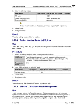 SAP Best Practices Funds Management-Basic Settings (951): Configuration Guide
© SAP AG Page 68 of 73
3. Make the following entries:
Field Name Description User Action and Values Comment
FM Area 1000
Sales Order Integration:
Deactivate Update
Select or deselect, as
applicable
Review the other setting on this screen, and make any applicable adjustment.
4. Choose Enter.
5. Save your entries.
Result
The other settings are completed as needed.
3.11.4 Assign Number Range to FM Area
Use
In this IMG activity, In this step, you store a number range interval for actual data documents for
each FM area.
Procedure
1. Access the activity using one of the following navigation options:
IMG Menu Public Sector Management → Funds Management Government →
Actual and Commitment Update / Integration → Basic Settings → FM
Line Items → Assign Number Range to FM Area
Transaction
Code
SPRO
2. In the 1000 row, enter the following value:
Field Name Description User Action and Values Comment
Number Range 01
3. Choose Enter.
4. Save your entries.
Result
The Number 01 is now assigned to FM Area 1000 actuals data.
3.11.5 Activate / Deactivate Funds Management
Use
In this step, you activate the Funds Management (FM) account assignment derivation and
update of documents from the feeder components for FM to FM for specific company codes. If
you have combined a number of company codes under an FM area, you have the option of
activating specific company codes only or of leaving other company codes deactivated.
 